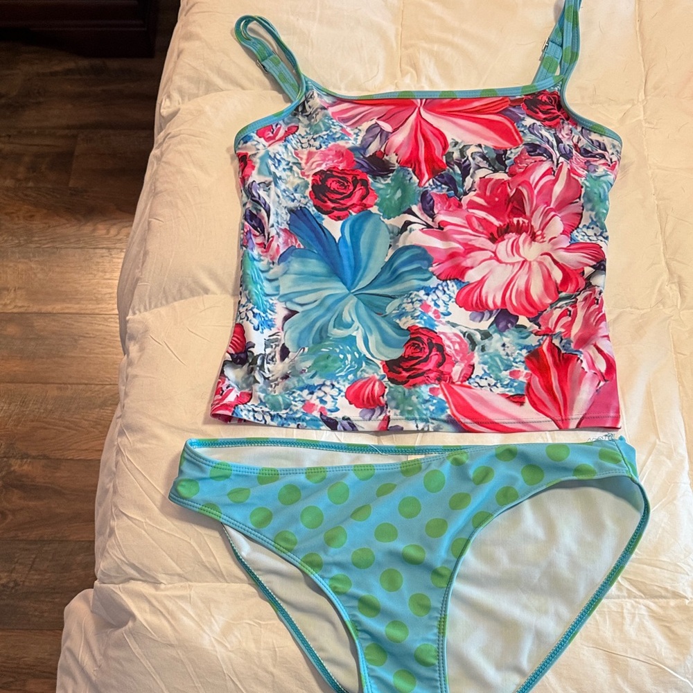 Floral and Polka Dot Coordinated Tankini Swim Set L 12